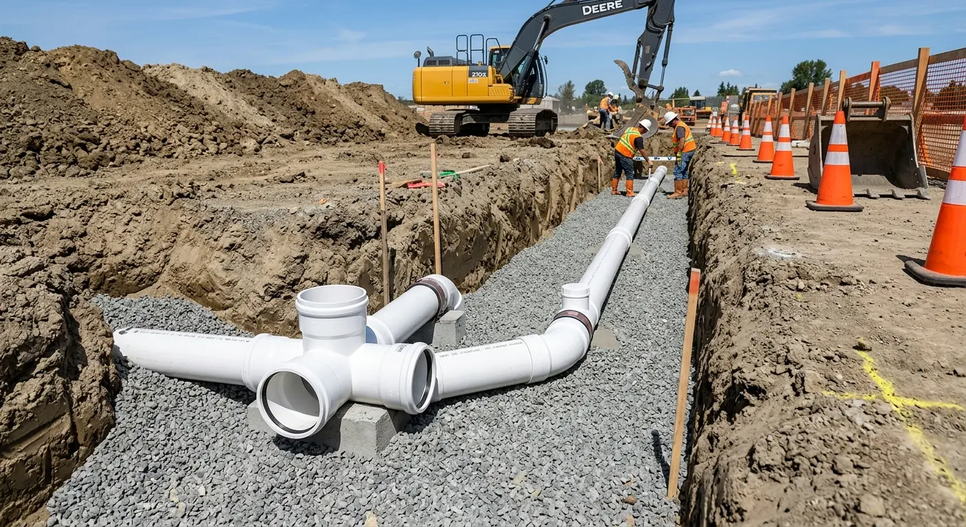 New PVC sewer pipe installation in open trench for Sewer Backup in Cromwell