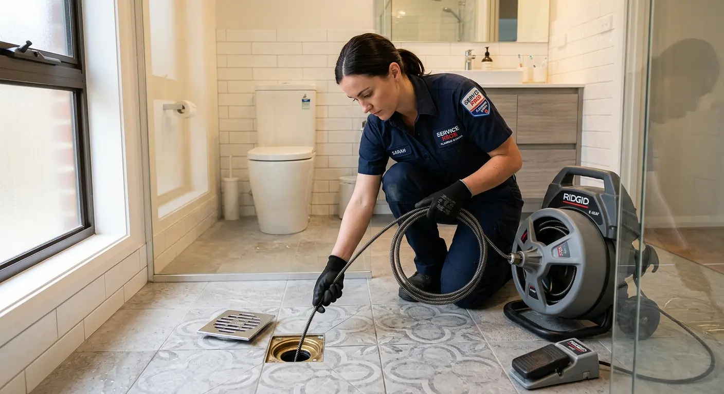 Technician clearing a bathroom floor drain for Drain Cleaning in Cromwell
